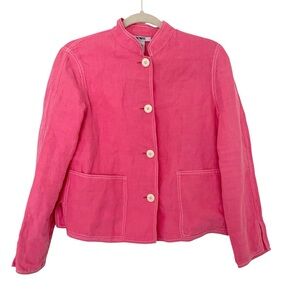 Acorn Women’s Small Pink & White Contrast Stitch 100% Linen Button Front Jacket